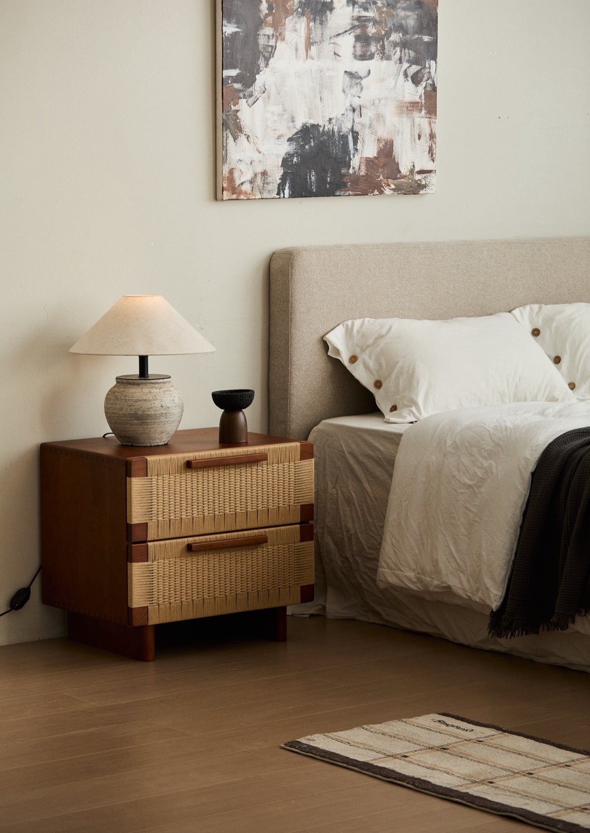 Handwoven Cherry Wood Two-drawer Nightstand / Side Table- Vintage Walnut Finish