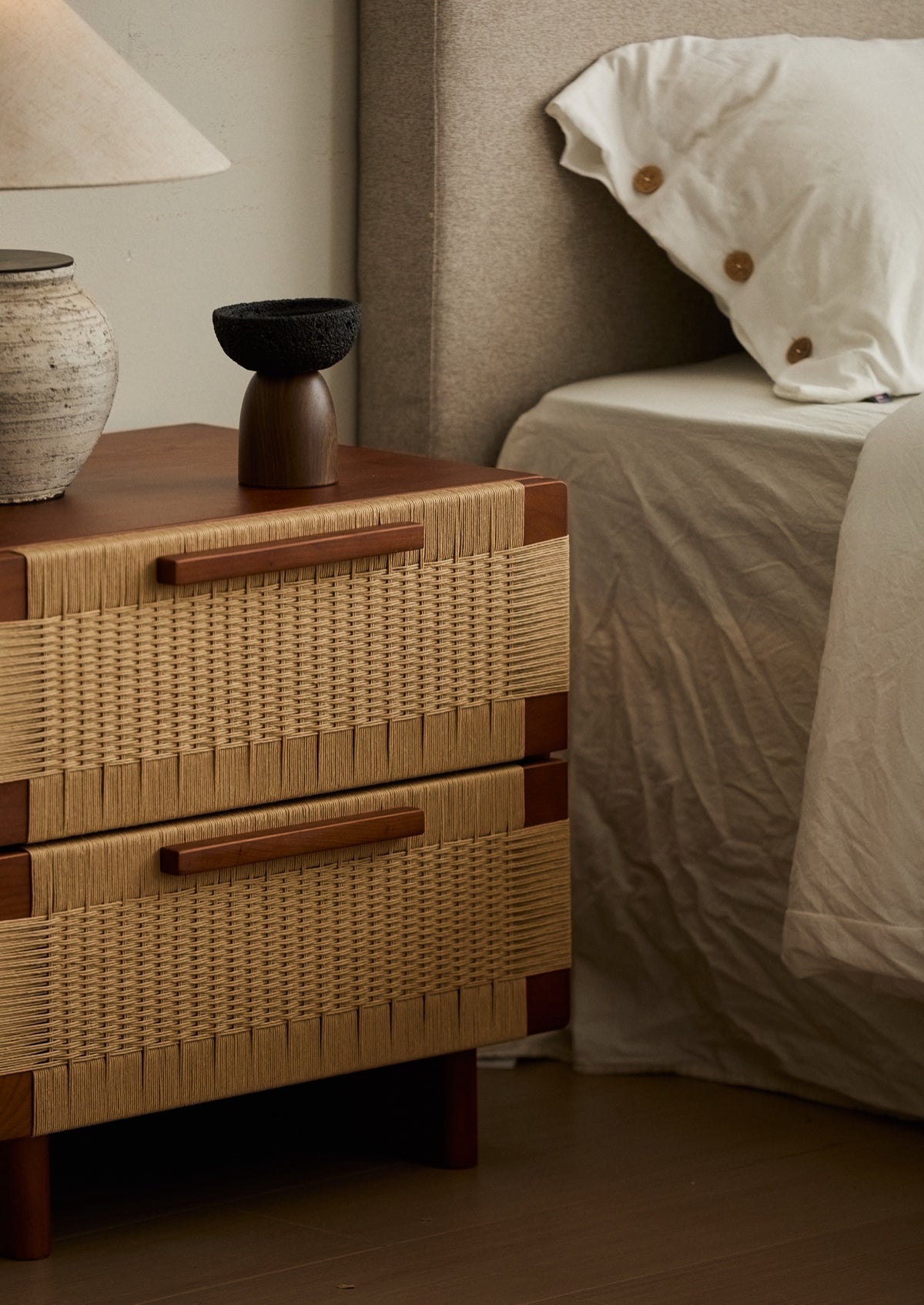 Handwoven Cherry Wood Two-drawer Nightstand / Side Table- Vintage Walnut Finish