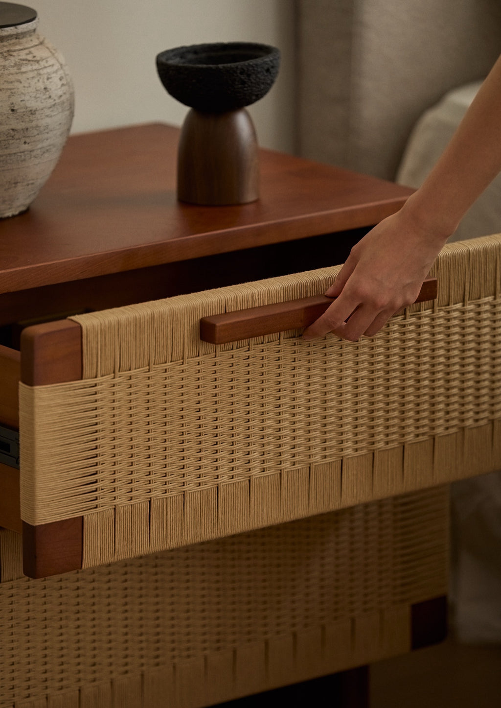 Handwoven Cherry Wood Two-drawer Nightstand / Side Table- Vintage Walnut Finish