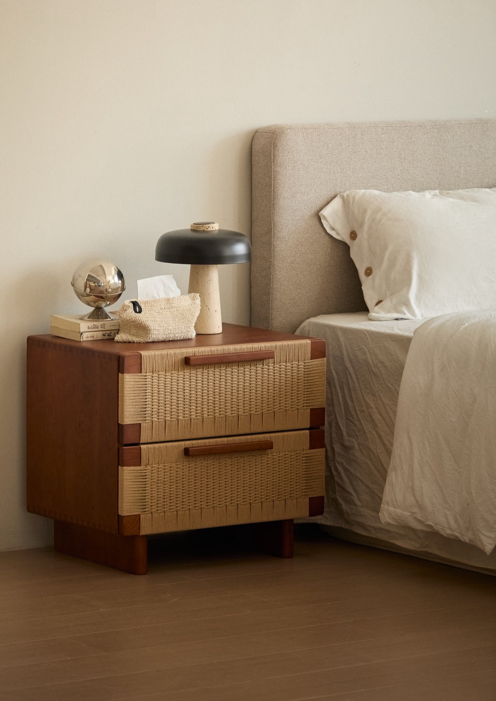 Handwoven Cherry Wood Two-drawer Nightstand / Side Table- Vintage Walnut Finish