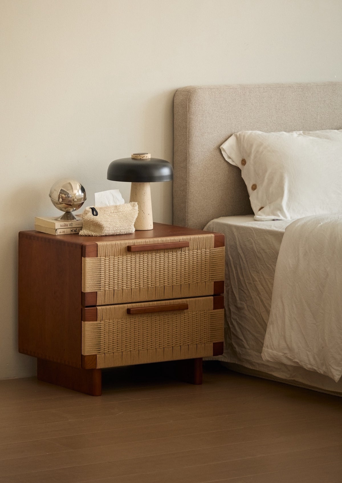 Handwoven Cherry Wood Two-drawer Nightstand / Side Table- Vintage Walnut Finish