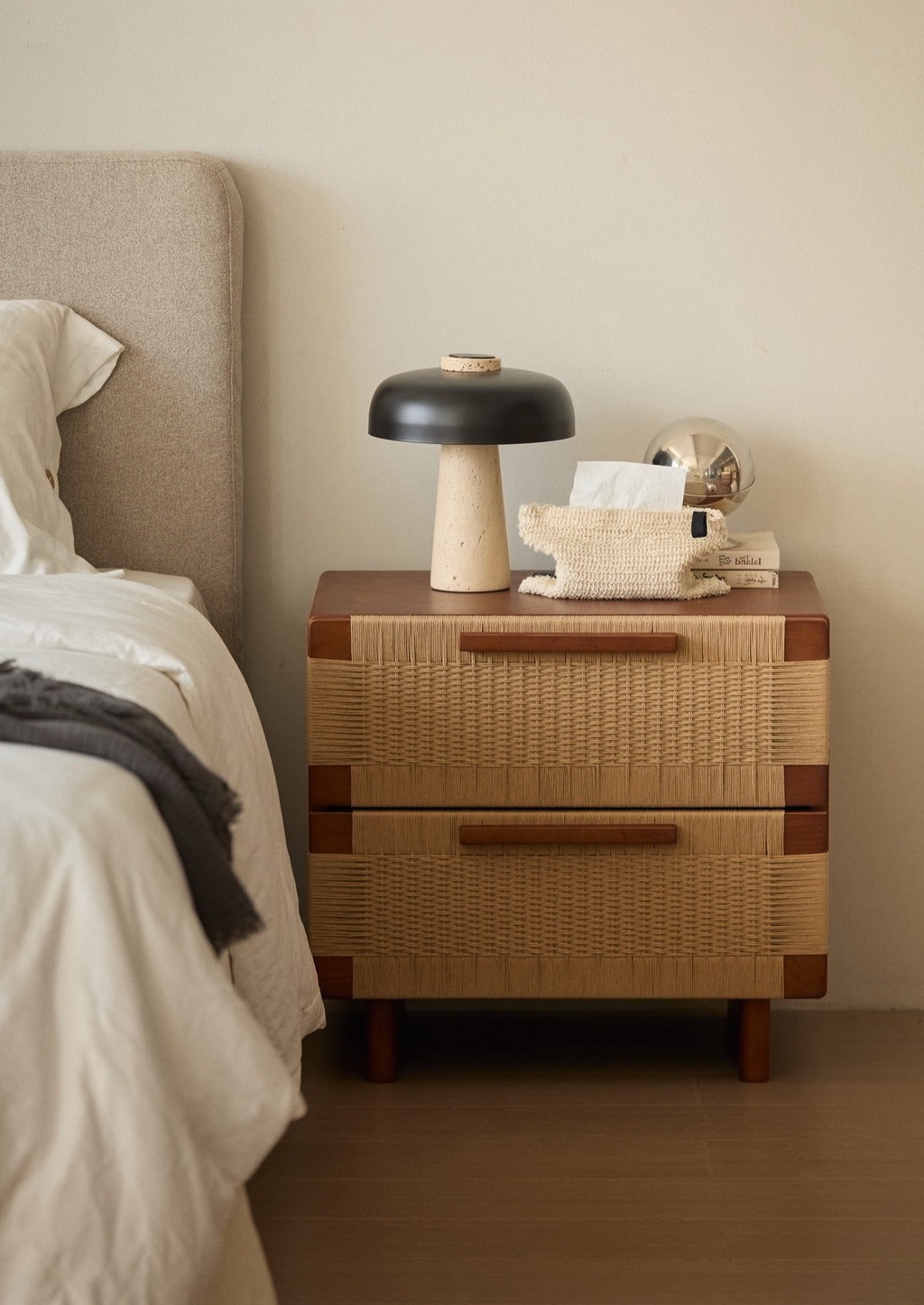 Handwoven Cherry Wood Two-drawer Nightstand / Side Table- Vintage Walnut Finish