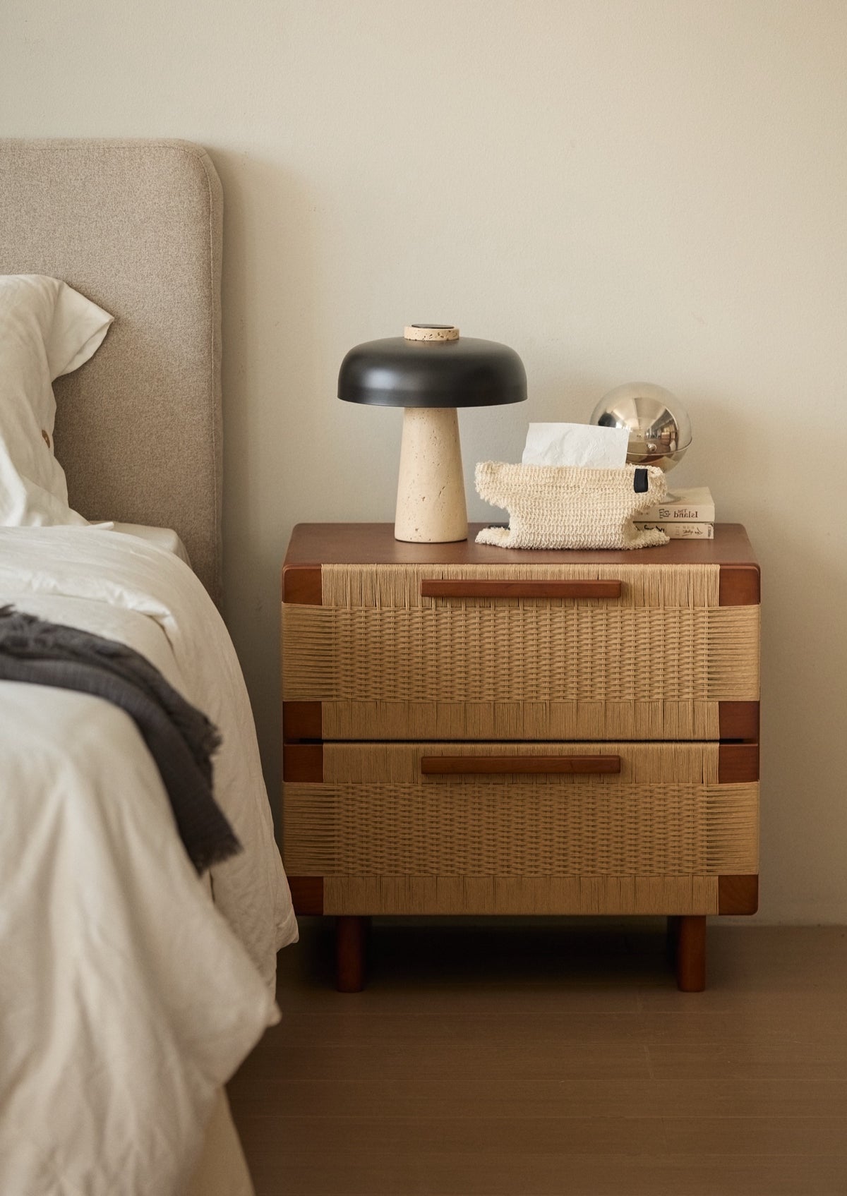 Handwoven Cherry Wood Two-drawer Nightstand / Side Table- Vintage Walnut Finish