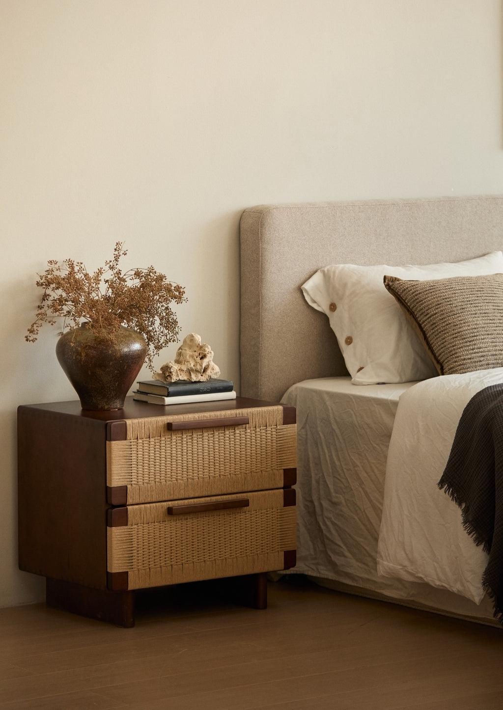 Handwoven Cherry Wood Two-drawer Nightstand / Side Table- Vintage Walnut Finish