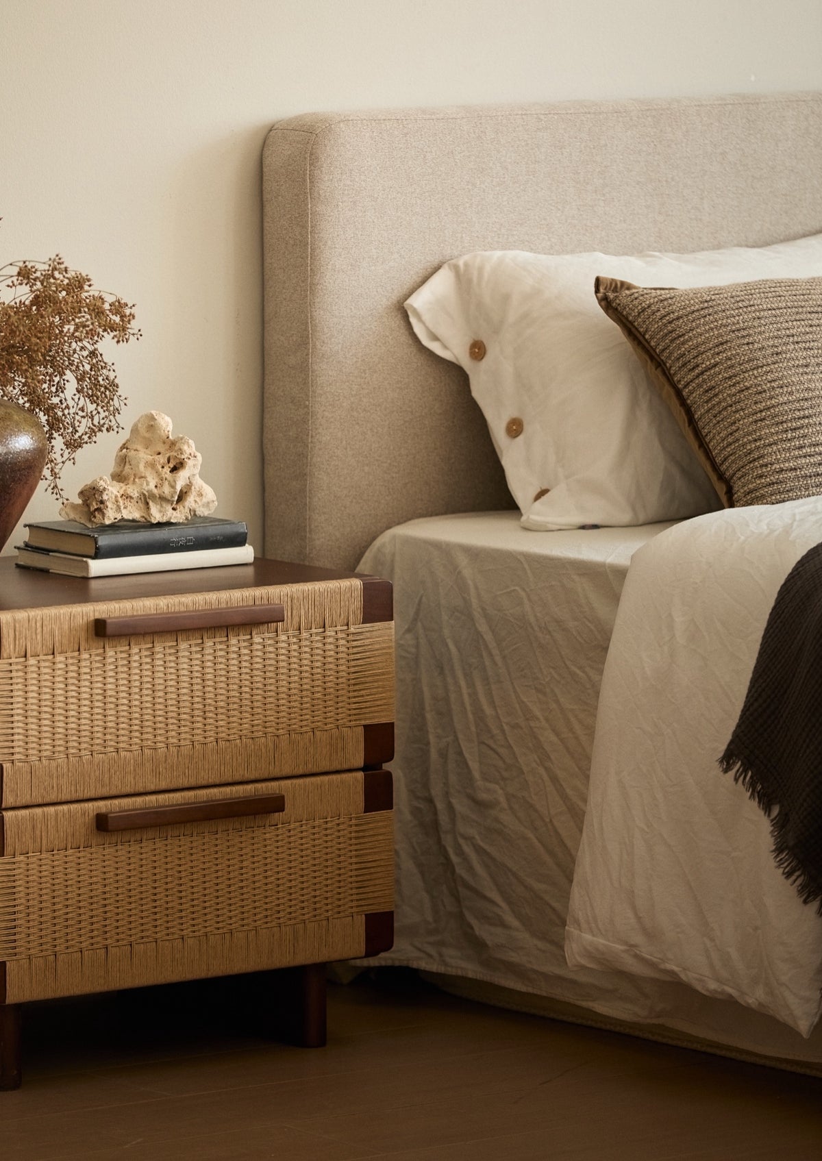 Handwoven Cherry Wood Two-drawer Nightstand / Side Table- Vintage Walnut Finish