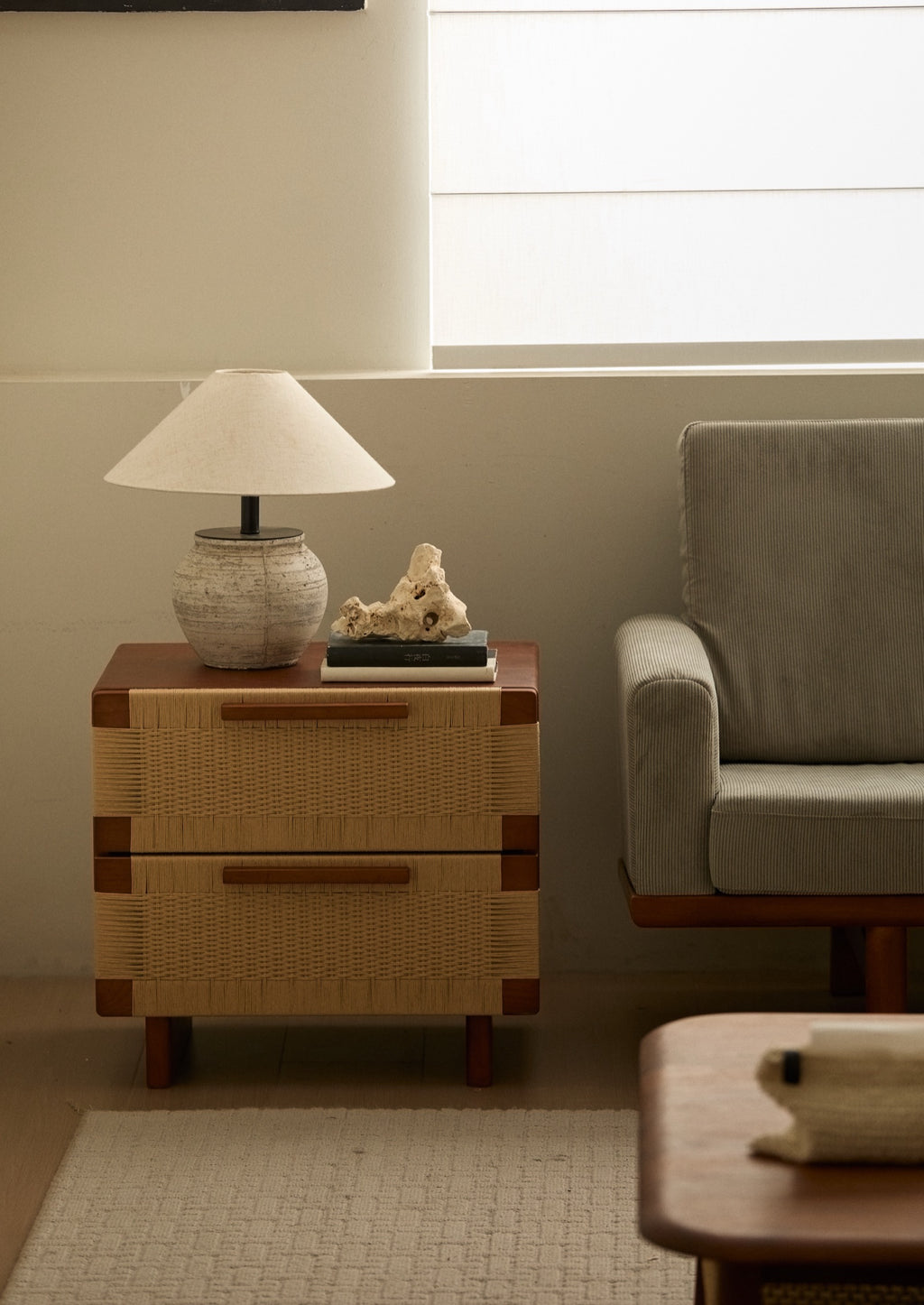 Handwoven Cherry Wood Two-drawer Nightstand / Side Table- Vintage Walnut Finish