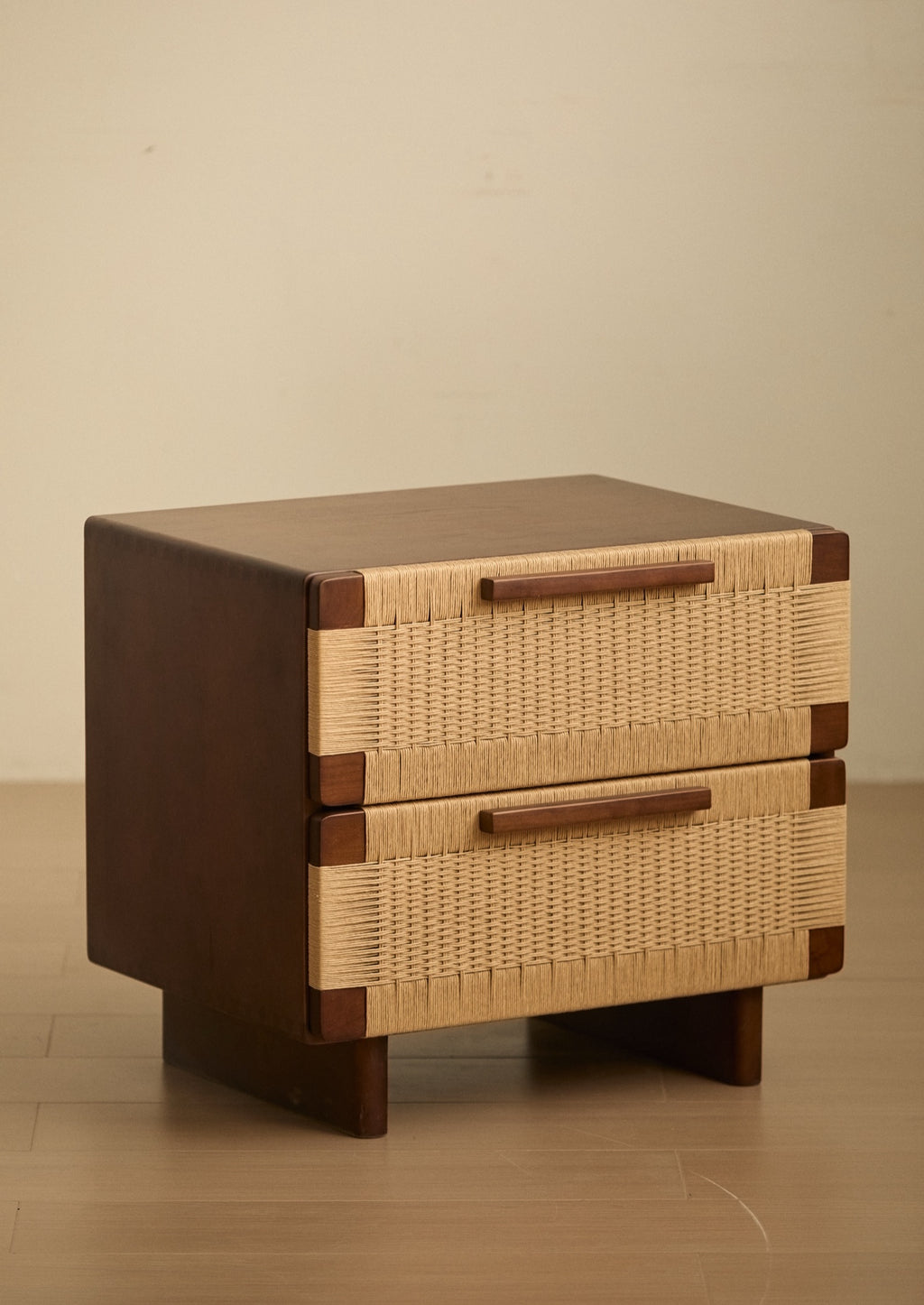 Handwoven Cherry Wood Two-drawer Nightstand / Side Table- Vintage Walnut Finish
