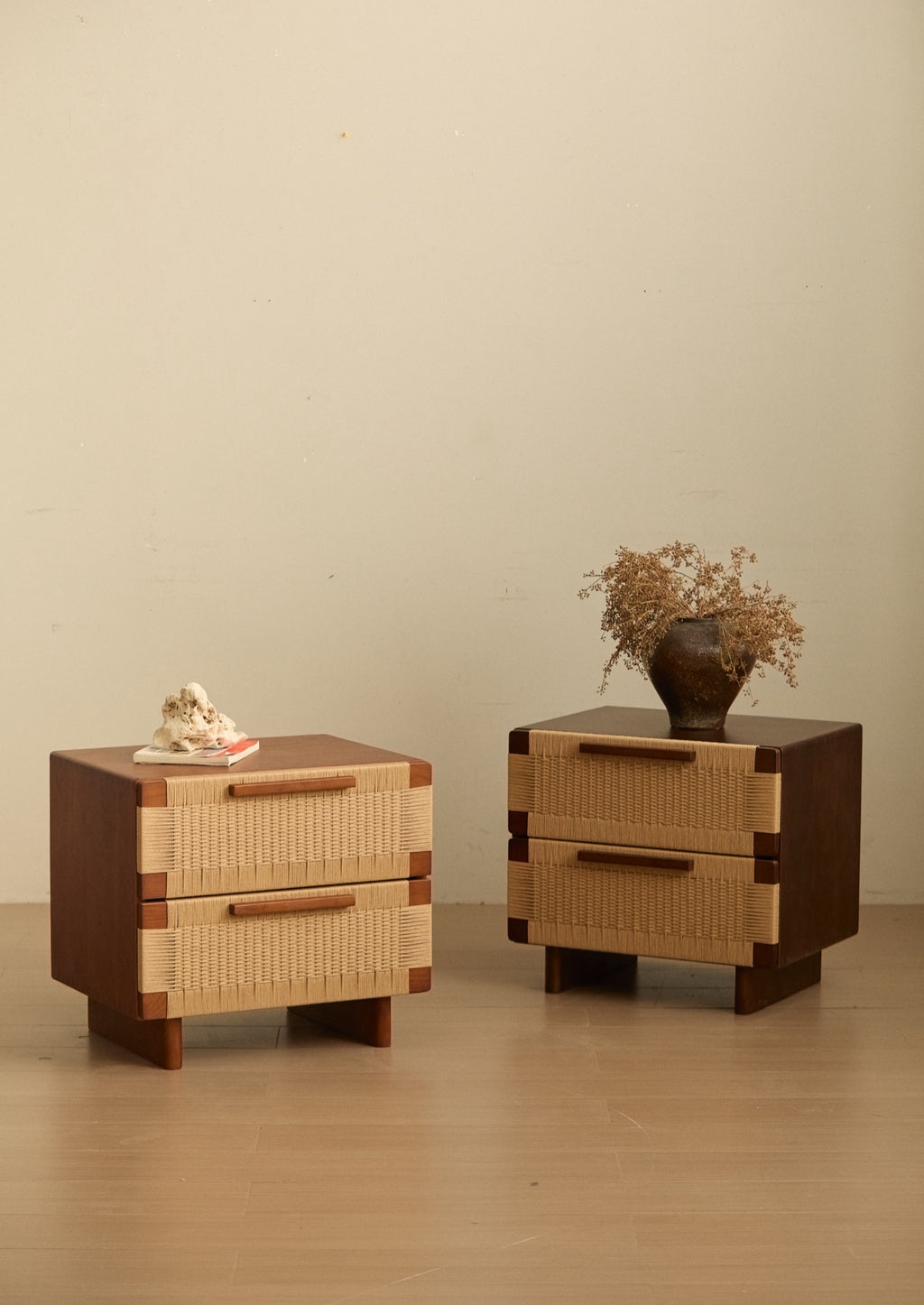 Handwoven Cherry Wood Two-drawer Nightstand / Side Table- Vintage Walnut Finish