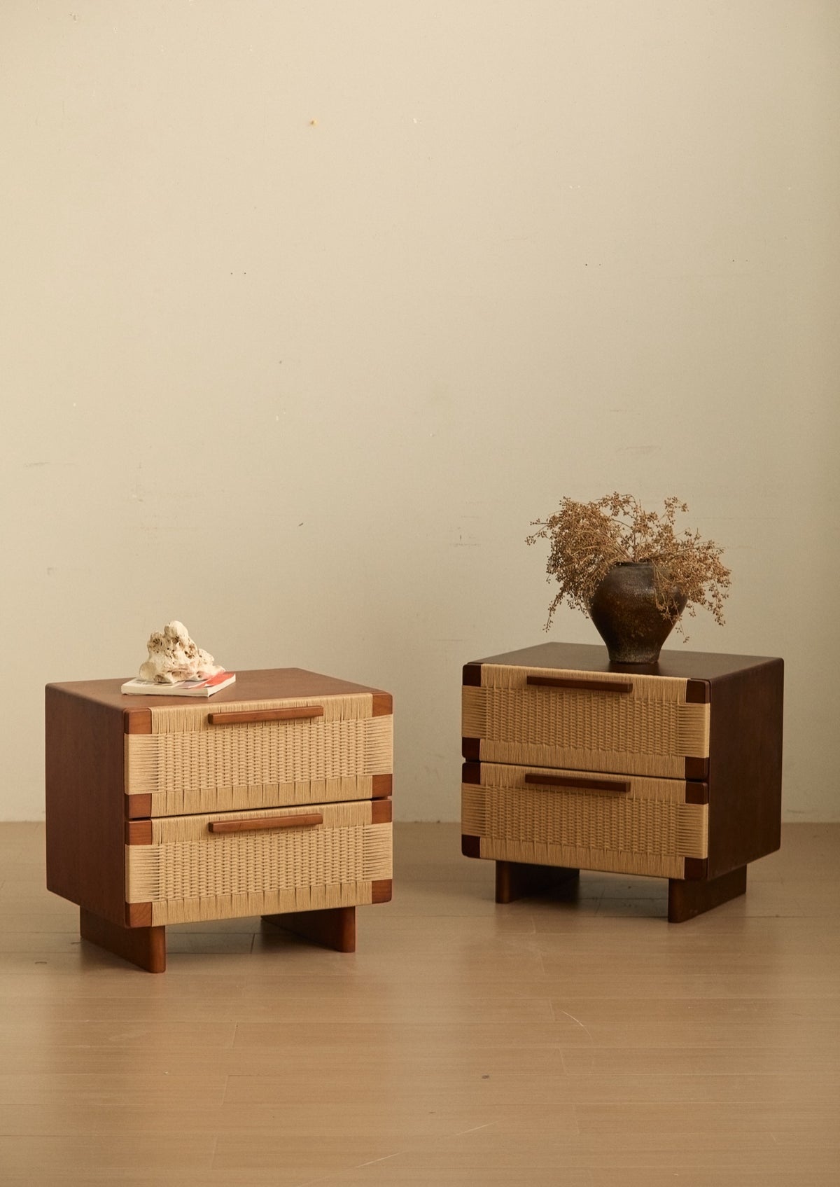 Handwoven Cherry Wood Two-drawer Nightstand / Side Table- Vintage Walnut Finish