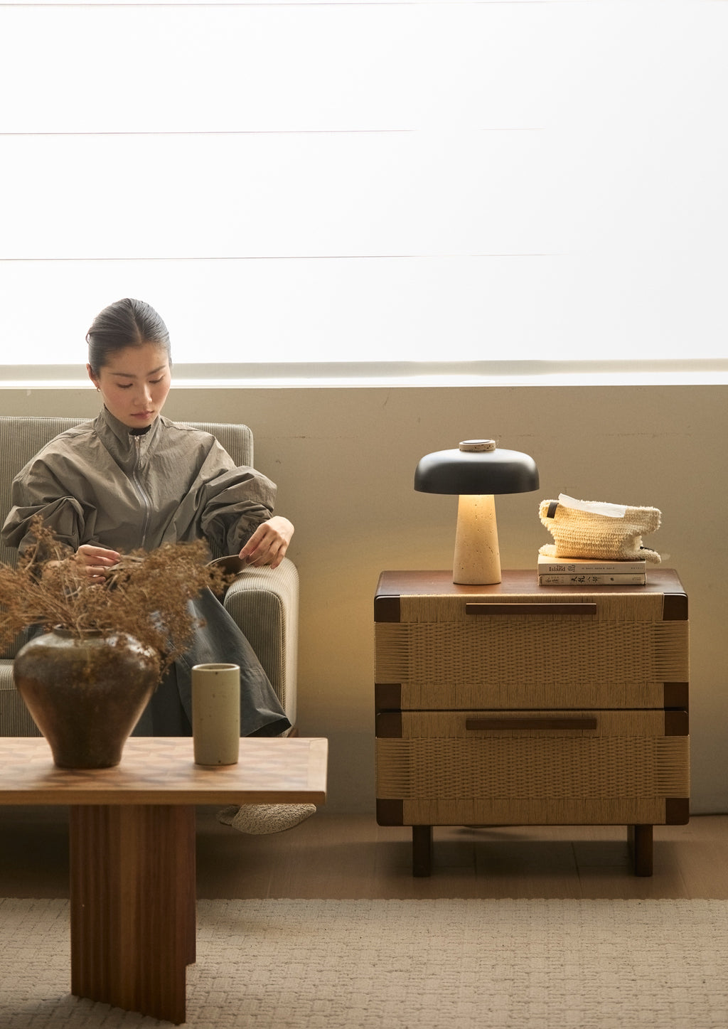 Handwoven Cherry Wood Two-drawer Nightstand / Side Table- Vintage Walnut Finish