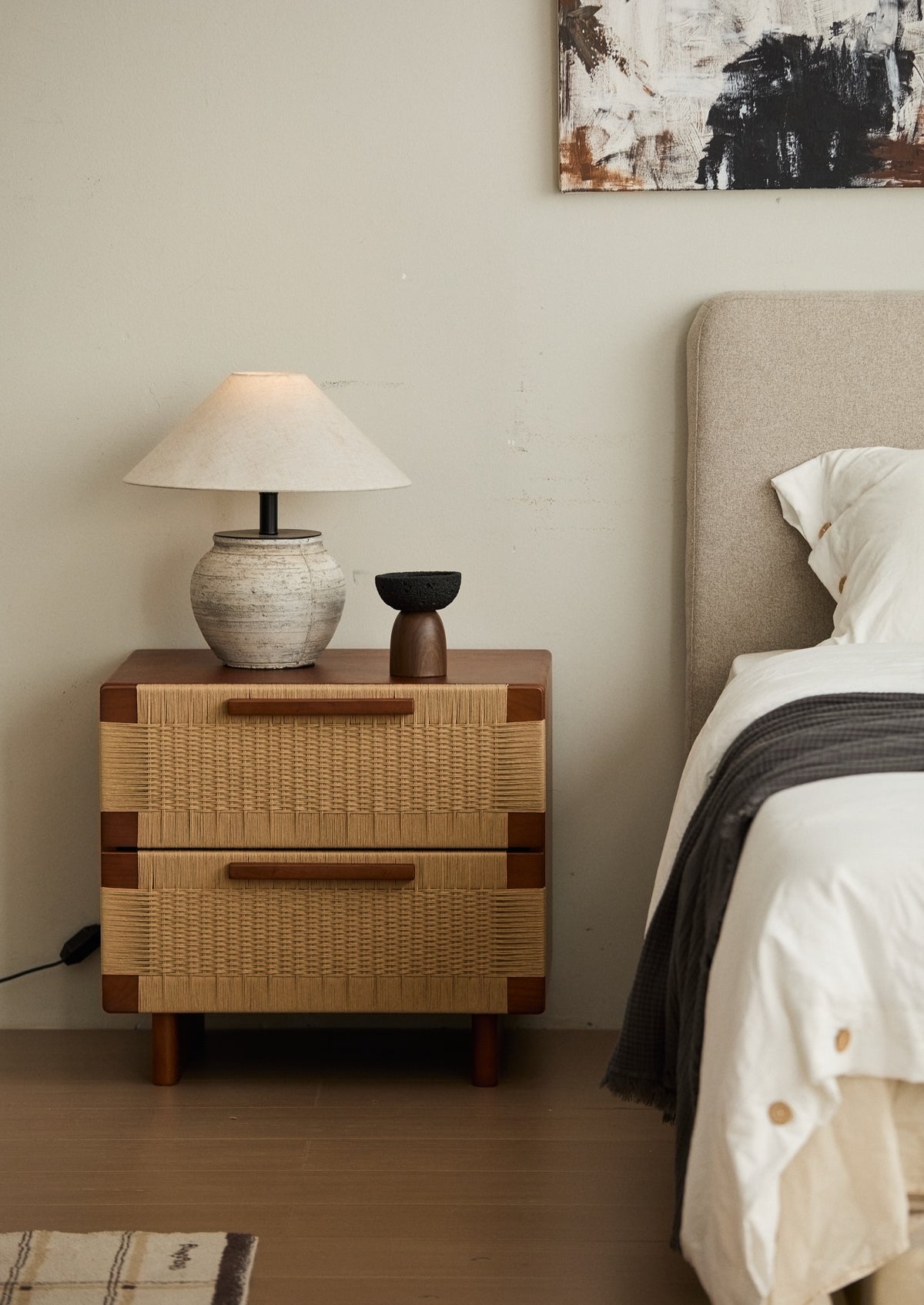 Handwoven Cherry Wood Two-drawer Nightstand / Side Table- Vintage Walnut Finish